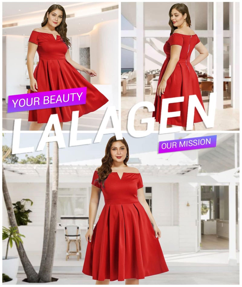 LALAGEN Women's Plus Size Vintage 1950s Party Cocktail Wedding Swing Midi Dress Red XXXL - Image 3